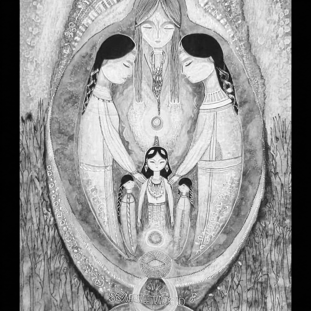 A black and white drawing depicting a Native American woman with two body-length braids, wearing traditional jewelry and clothing, smiling with closed eyes. She is displayed inside a large oval-shaped frame, surrounded by two women with similar features and attire, gently holding her. Above them, a woman with long hair and jewelry overlooks the scene, with plants and floral designs in the background.