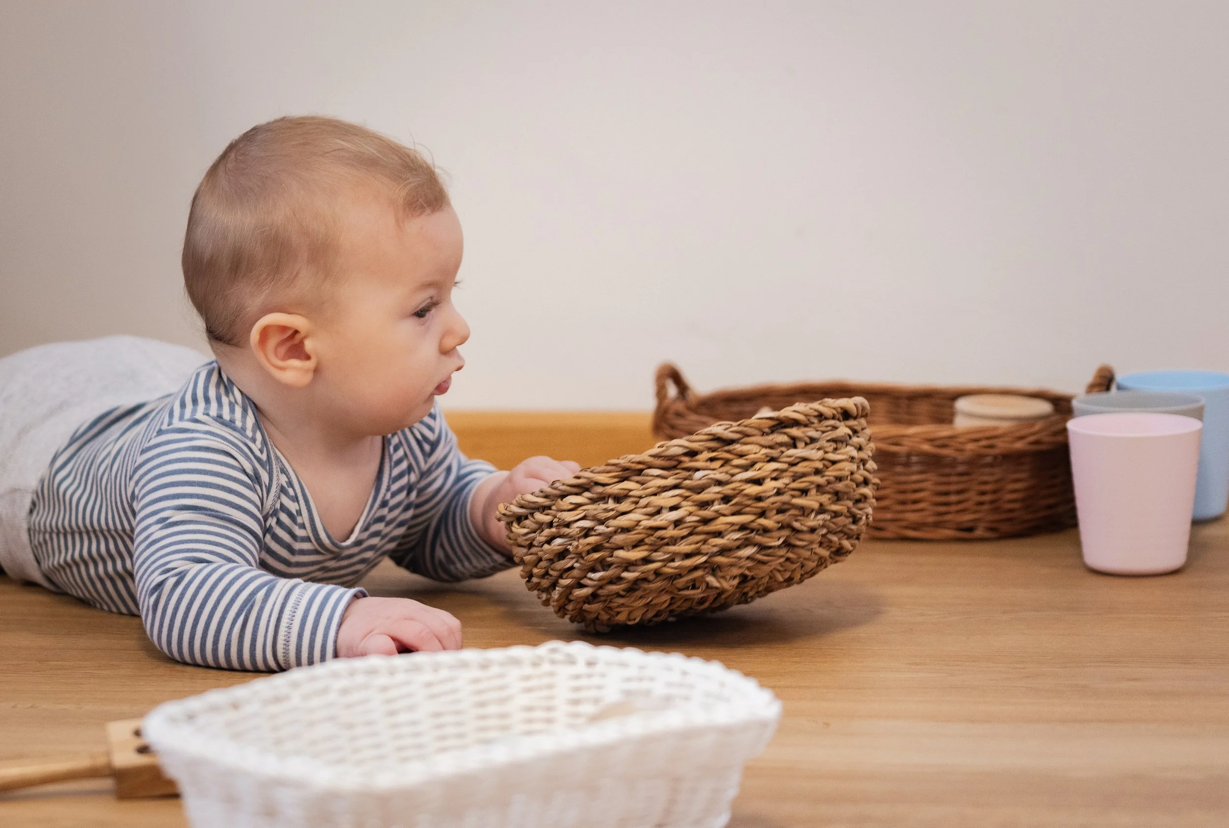 Ein Baby mit hellen Haaren in einem blauen gestreiften Body liegt am Bauch und schaut neugierig in einen geflochtenen Korb.