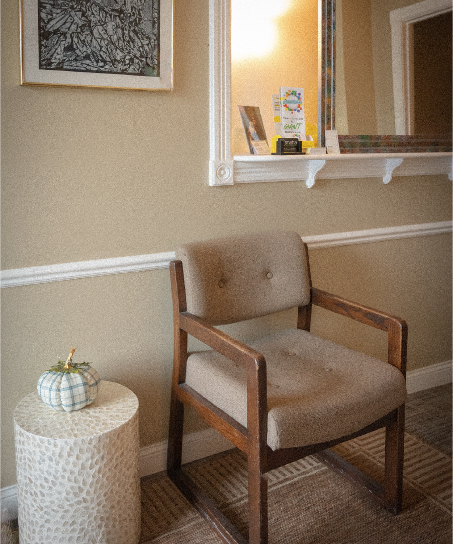 Waiting room chair at therapy office providing mental health services.