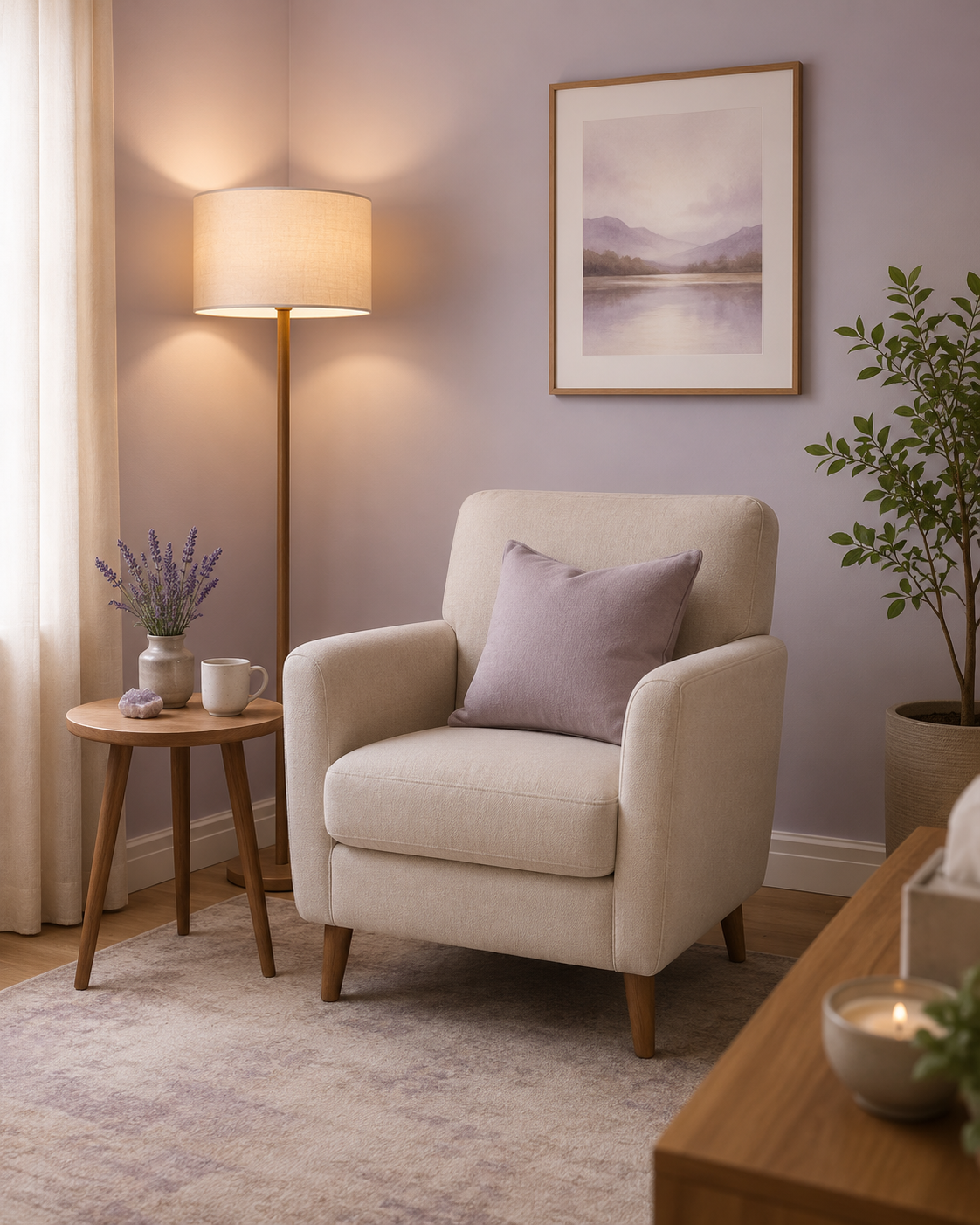 A cozy living room corner featuring a beige armchair with a lavender pillow, a small round wooden side table with lavender flowers, a mug, and a decorative stone. A tall floor lamp illuminates the area, and a framed landscape painting hangs on a light purple wall. A large potted plant is in the corner, with sunlight filtering through curtains.
