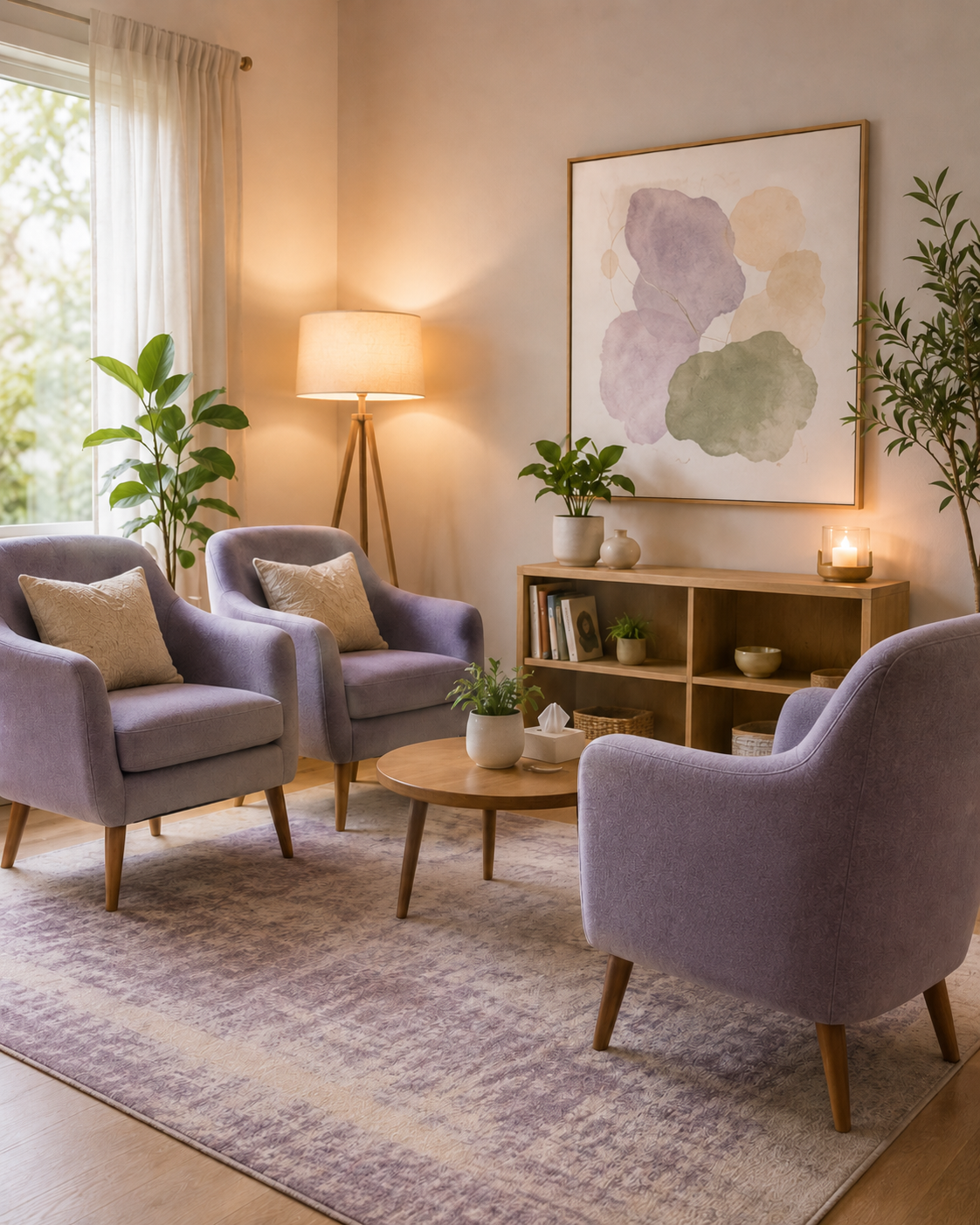 A cozy living room with lavender armchairs, a round wooden coffee table, potted plants, a bookshelf with books and decor, a large abstract floral wall art, a floor lamp, a candle, and a window with white curtains.