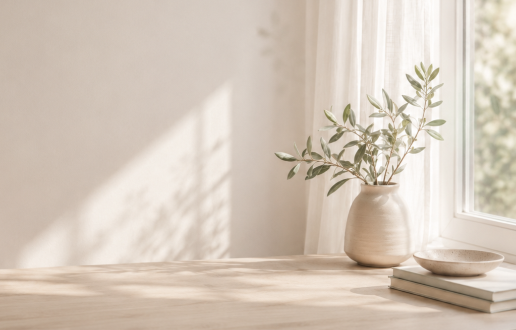 A beige ceramic vase with green leafy branches placed on a wooden surface near a window with sheer curtains, with a small stack of books and a shallow bowl nearby.