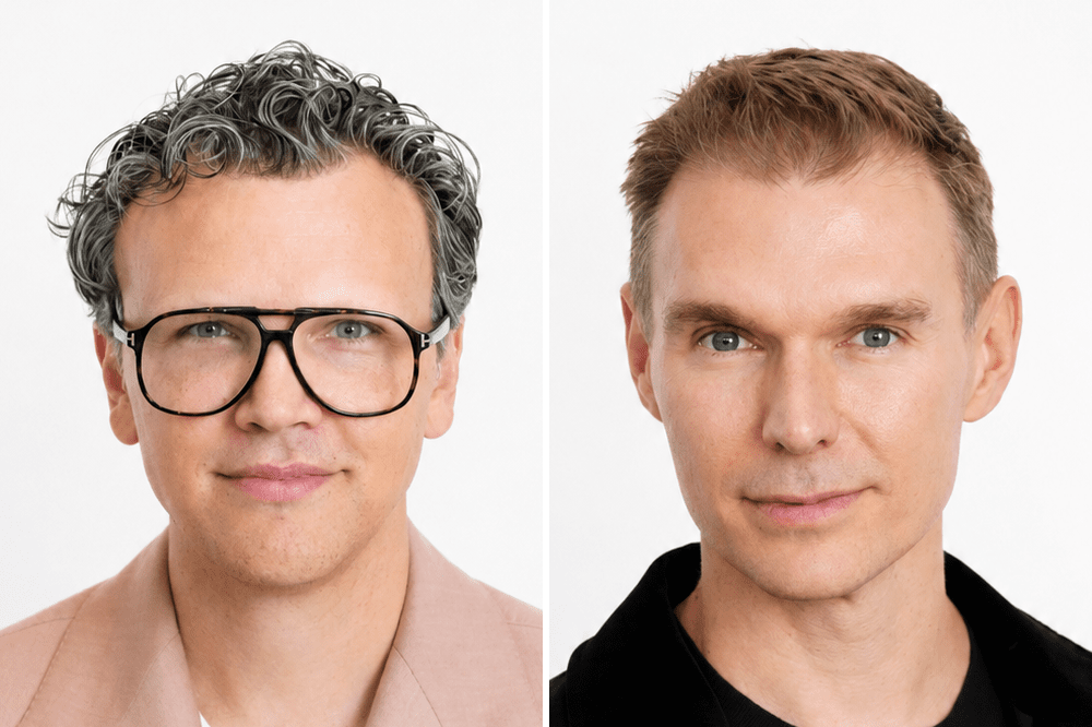 Two men with light skin, one with curly gray hair and glasses, and the other with short straight blond hair, both facing the camera against a white background.