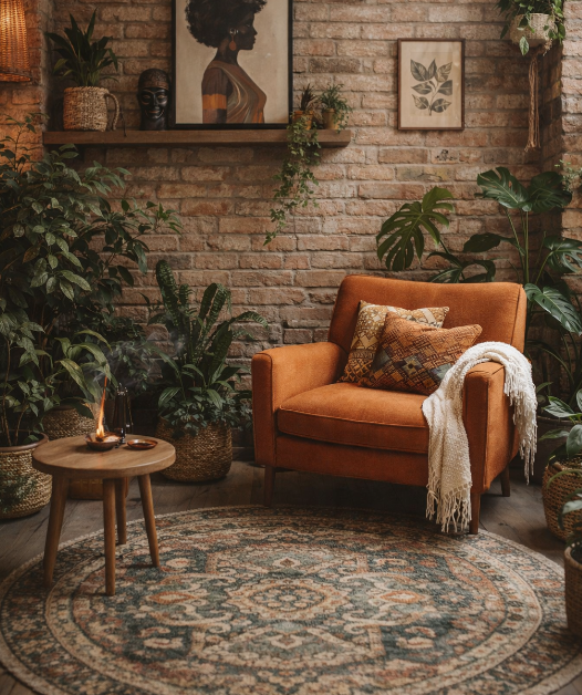 Cozy living room corner featuring an orange armchair with patterned cushions and a white throw, surrounded by green houseplants on a brick wall backdrop with framed artwork.
