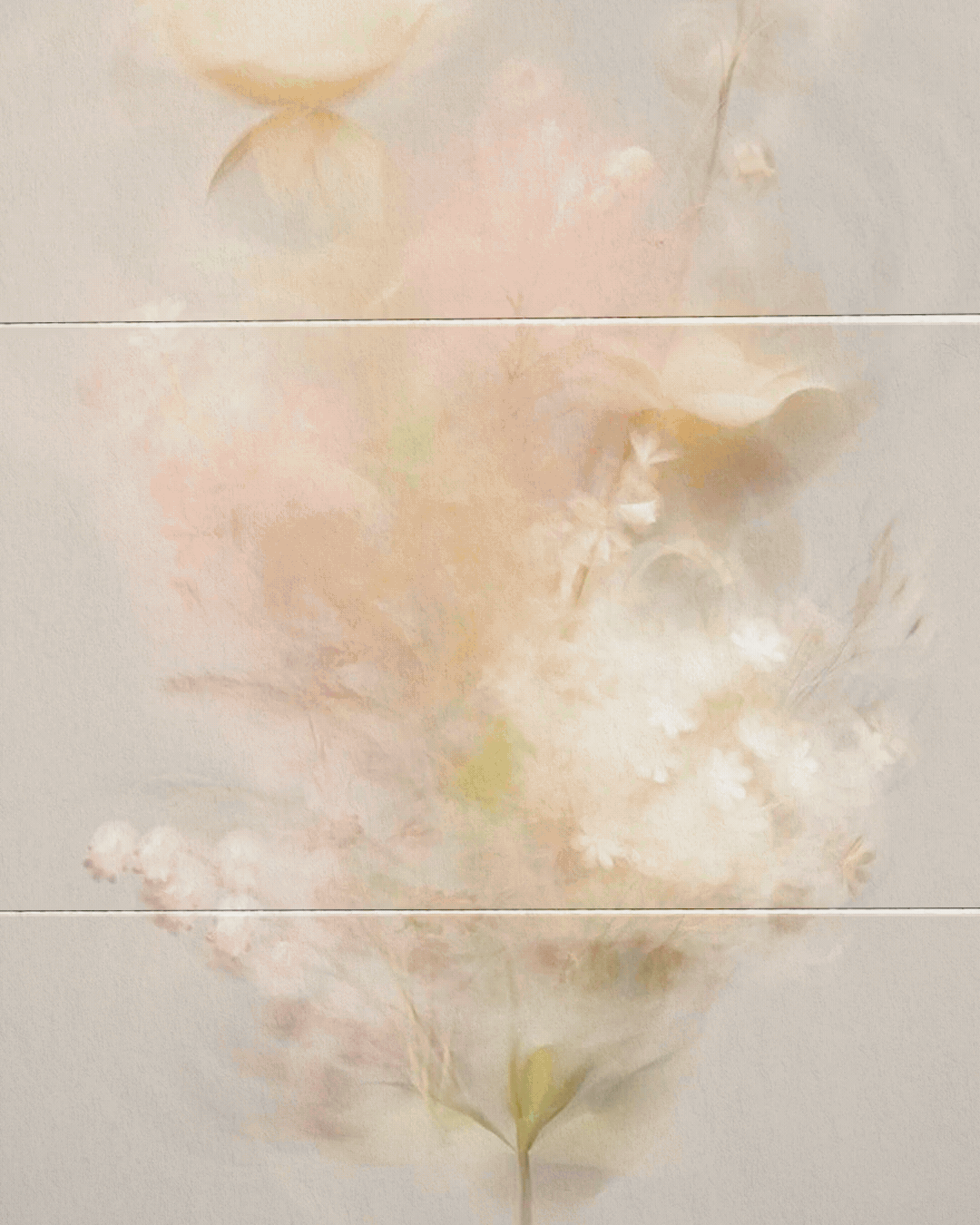 Abstract watercolor painting of soft pastel-colored flowers with a light beige background.