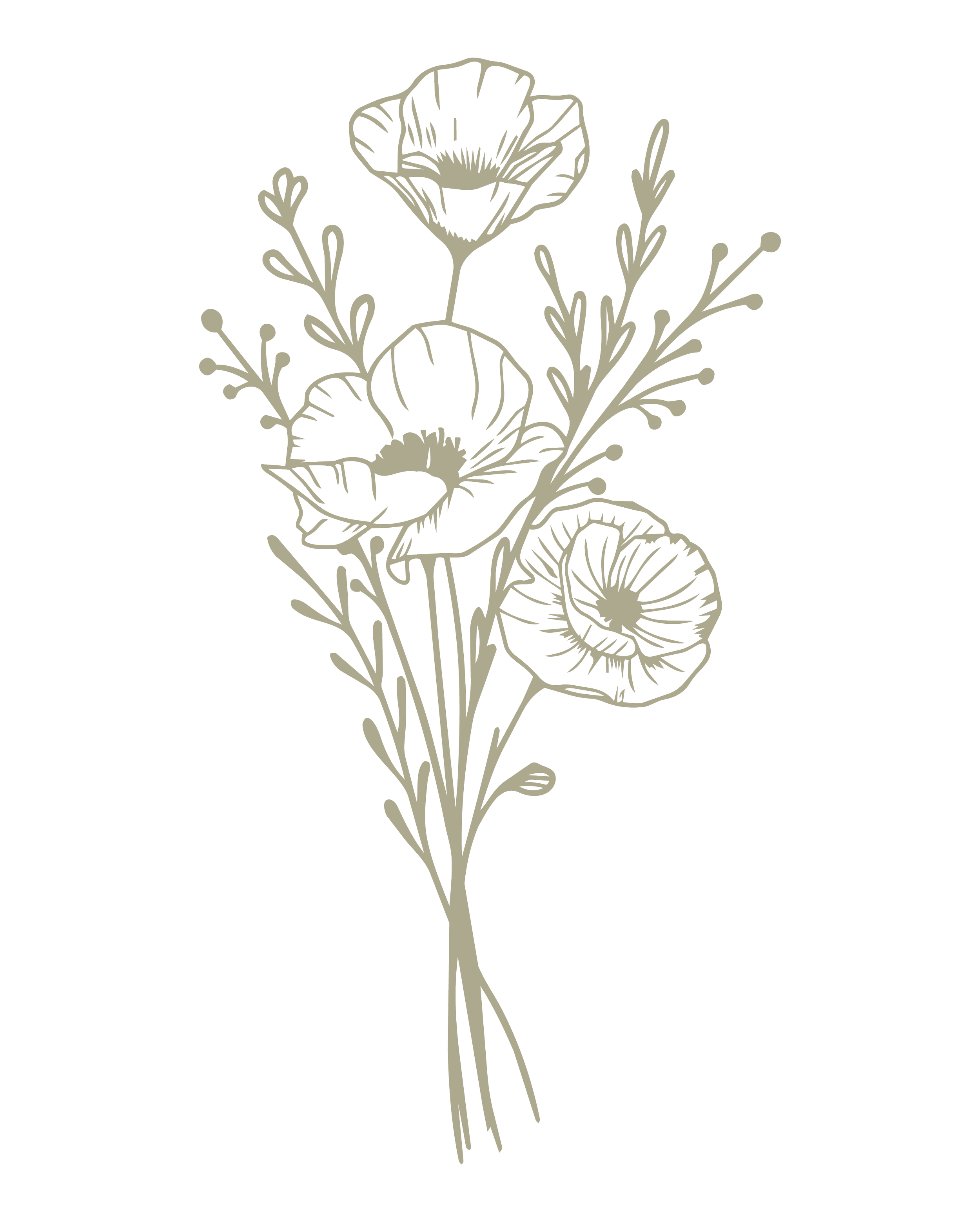 Line drawing of a bouquet of wildflowers including poppies and other small flowers on long stems with leaves, on a black background.