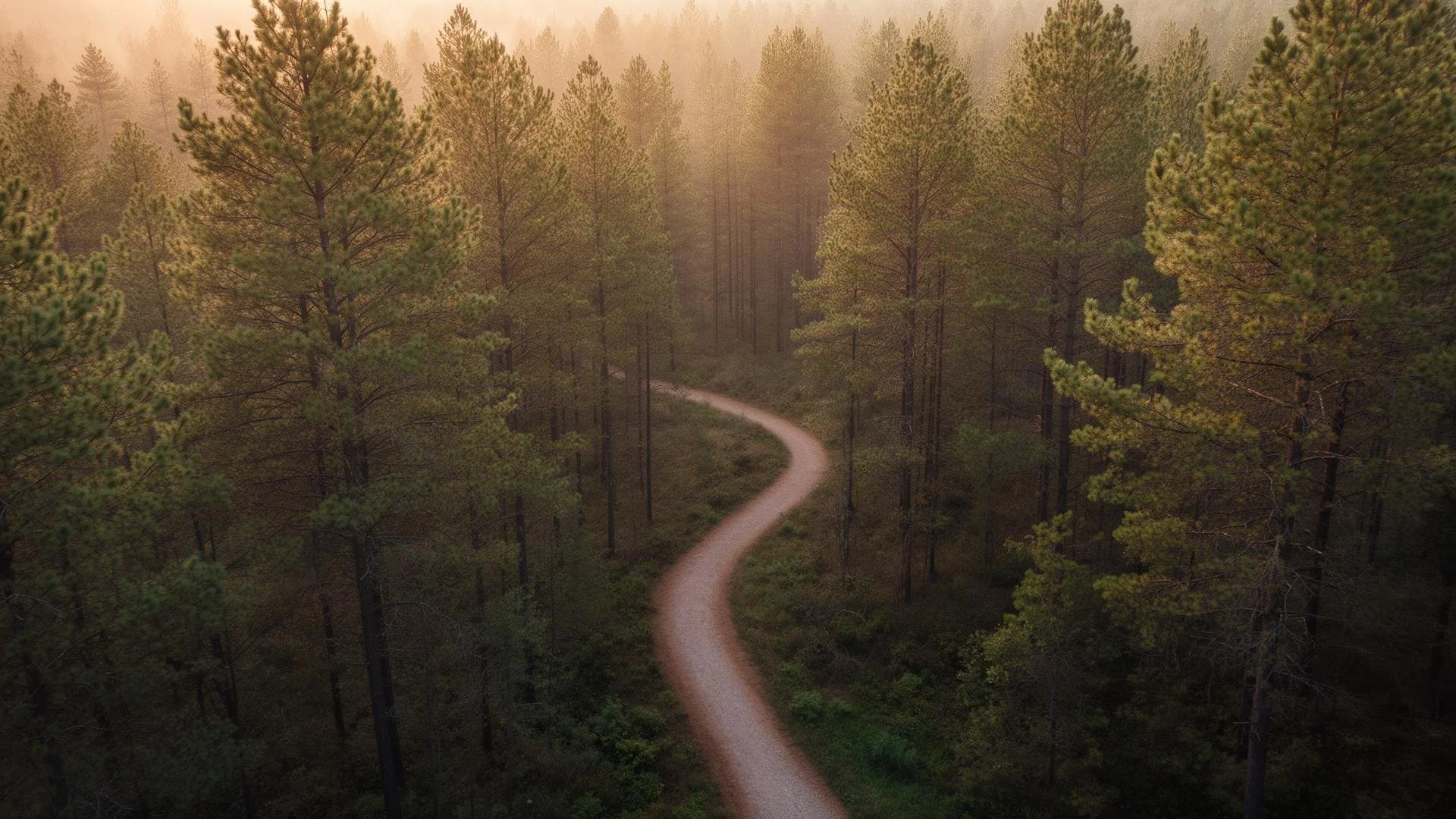 Winding forest path surrounded by tall pine trees, symbolizing healing, personal growth, and the journey toward emotional wellness.