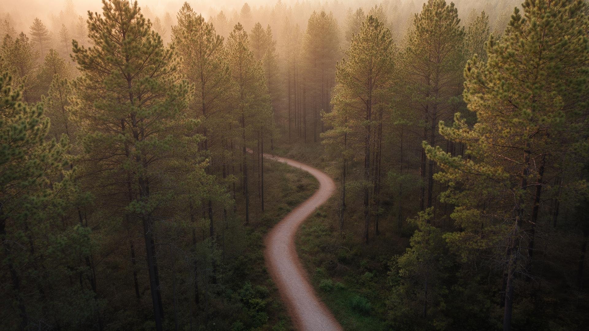Winding forest path surrounded by tall pine trees, symbolizing healing, personal growth, and the journey toward emotional wellness.