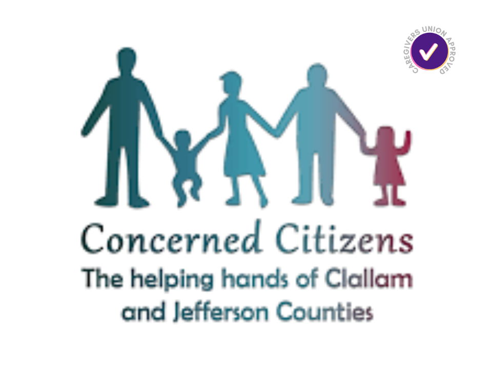 Logo of Concerned Citizens showing a stylized family of five holding hands with the text "Concerned Citizens" and supporting message for Clallam and Jefferson Counties, also including a certificate of approval seal.