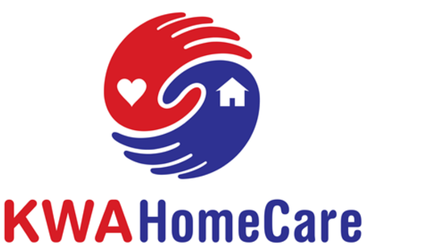 Logo of KWA HomeCare with a red heart, house icon, and swirling red and blue design elements.