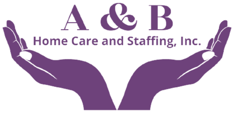 Logo for A & B Home Care and Staffing, Inc., featuring two purple hands facing upward with the company name above.