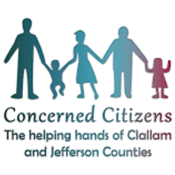 Logo of Concerned Citizens showing a family holding hands, with text indicating they are the helping hands of Callam and Jefferson Counties.