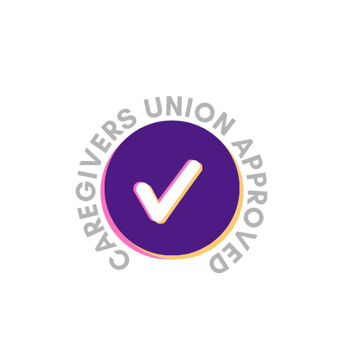 A circular badge with a check mark in the center, surrounded by the text 'CAREGIVERS UNION APPROVED' on a white background.