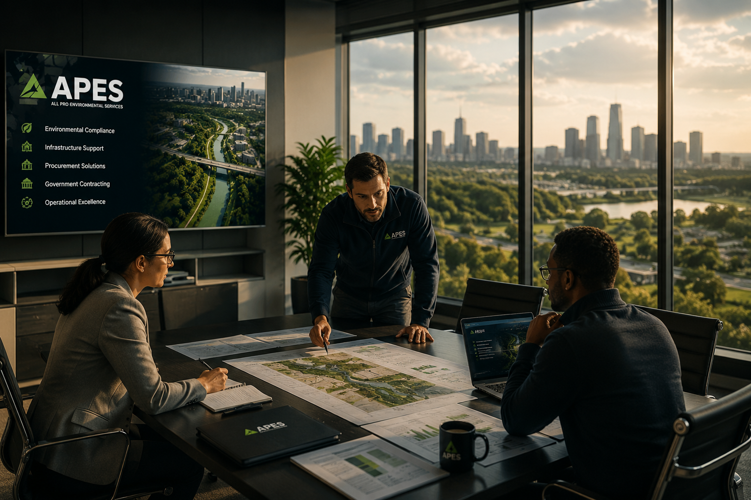 Three professionals in a conference room with large windows overlooking a city skyline, discussing environmental project plans with maps and documents on the table, and a display screen showing a city and highway.