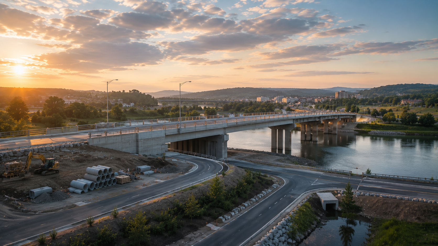 A bridge extending over a river during sunset, with construction activity on the near side and a winding road beneath. The sky is partly cloudy with orange hues from the setting sun, and in the background, there is a cityscape with hills.