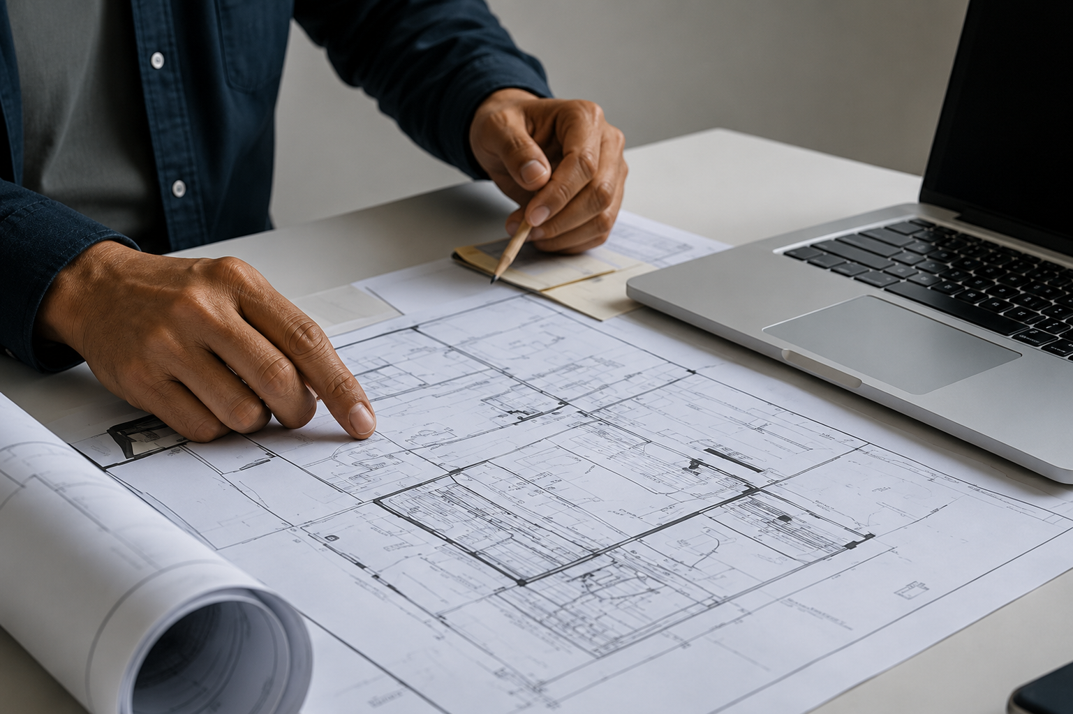 Person working on architectural blueprints with a laptop on a desk.