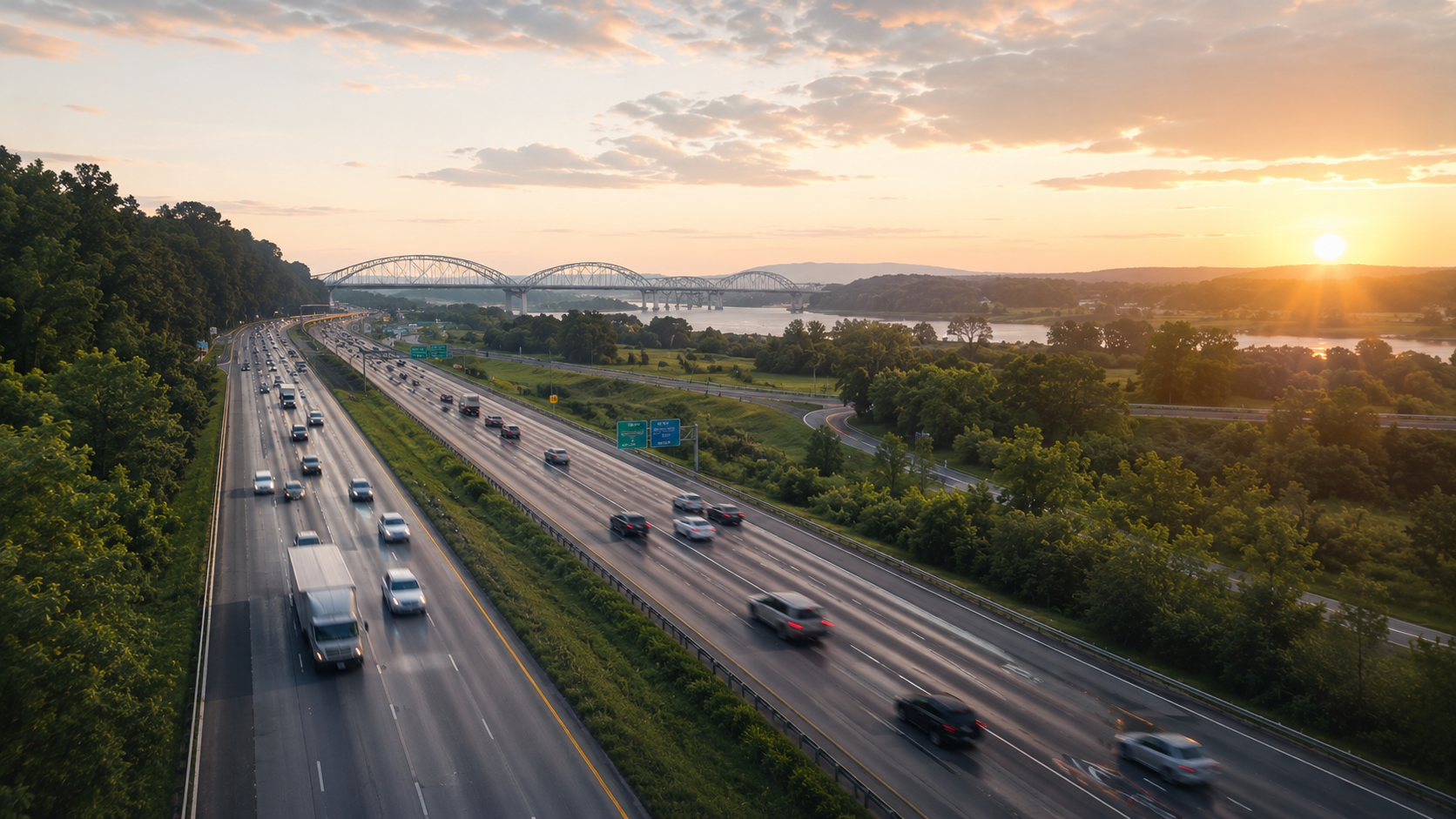 Aerial view of a highway with multiple lanes of traffic during sunset, surrounded by lush green trees, with a bridge over a body of water in the background.