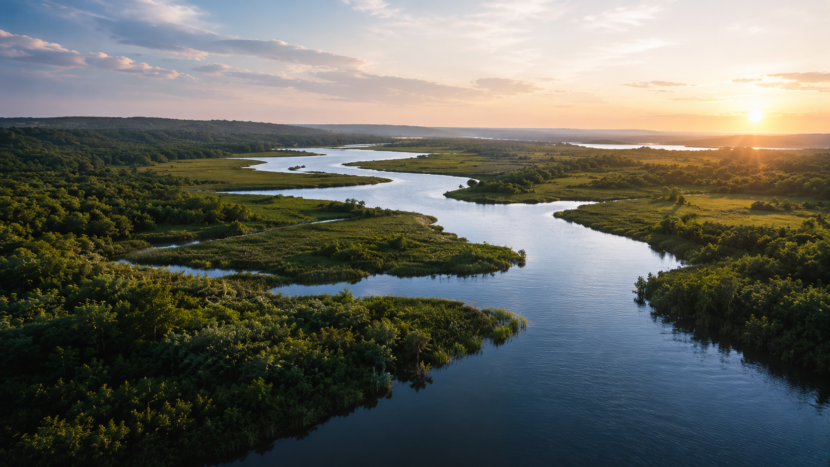 A winding river flowing through lush green wetlands and forests during sunset.