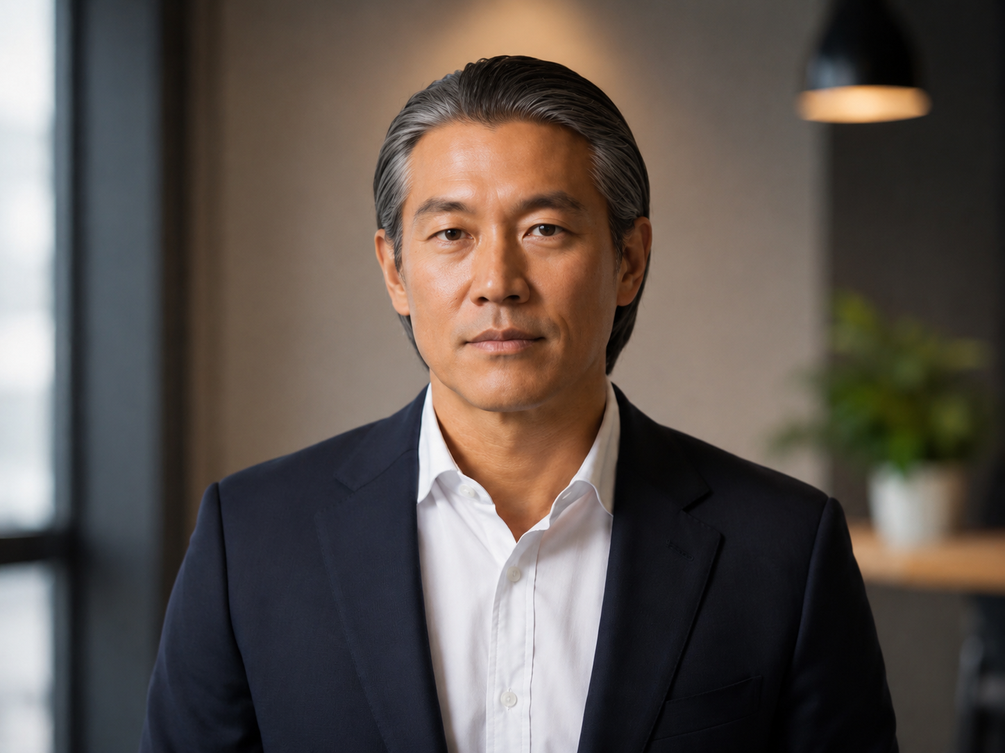 An older Asian man with gray hair, wearing a white button-up shirt and dark suit, looking directly at the camera in an indoor setting with soft lighting, blurred background, and a plant.