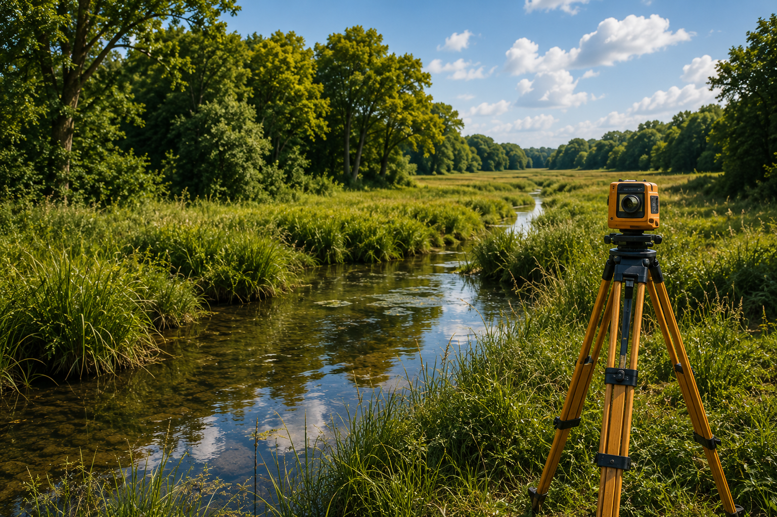A surveying instrument on a tripod beside a creek in a green field with tall trees and a blue sky with clouds.