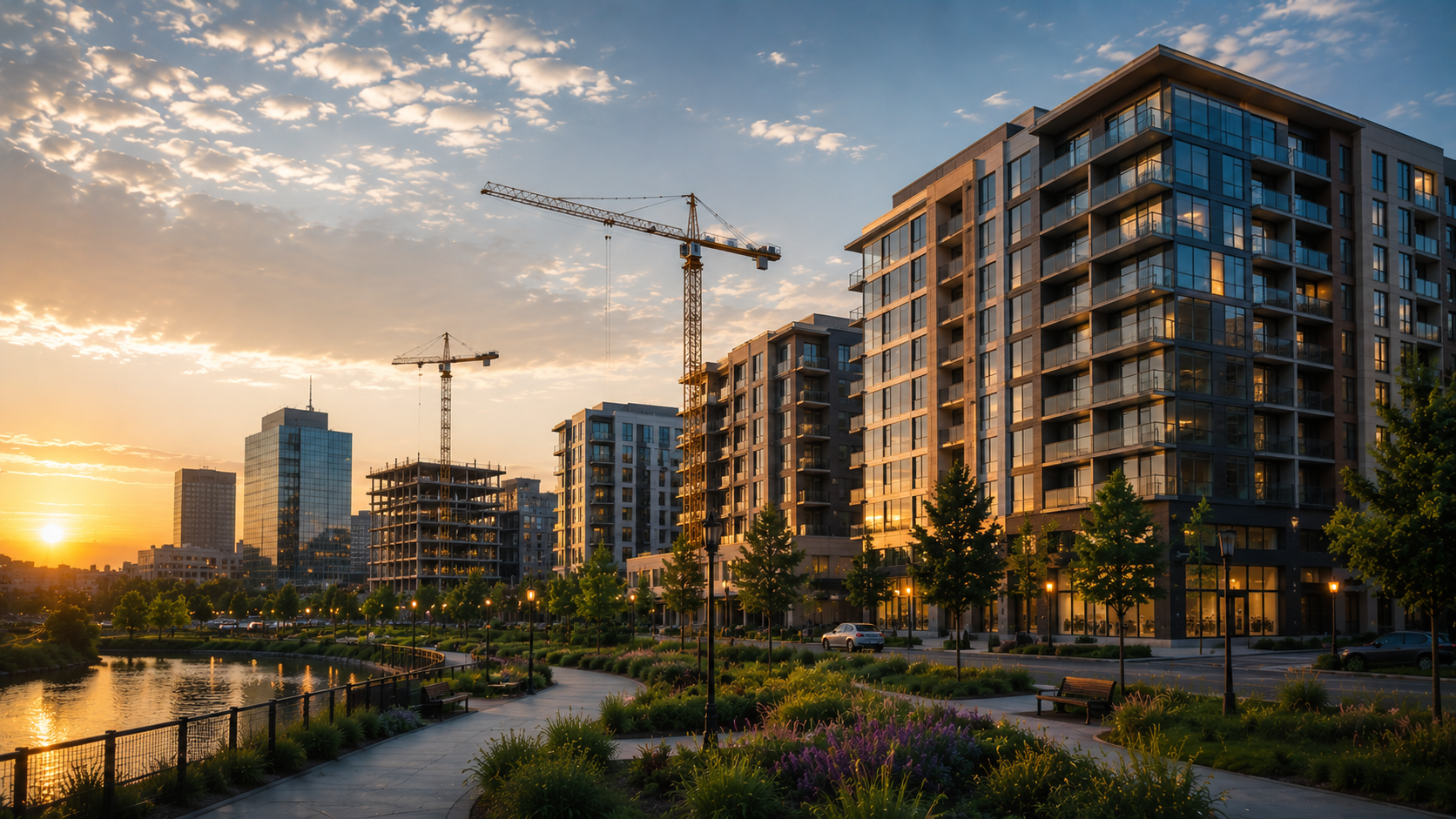 Sunset over a cityscape with modern apartment buildings, construction cranes, a park with trees and flowers, and a body of water along the pathway.