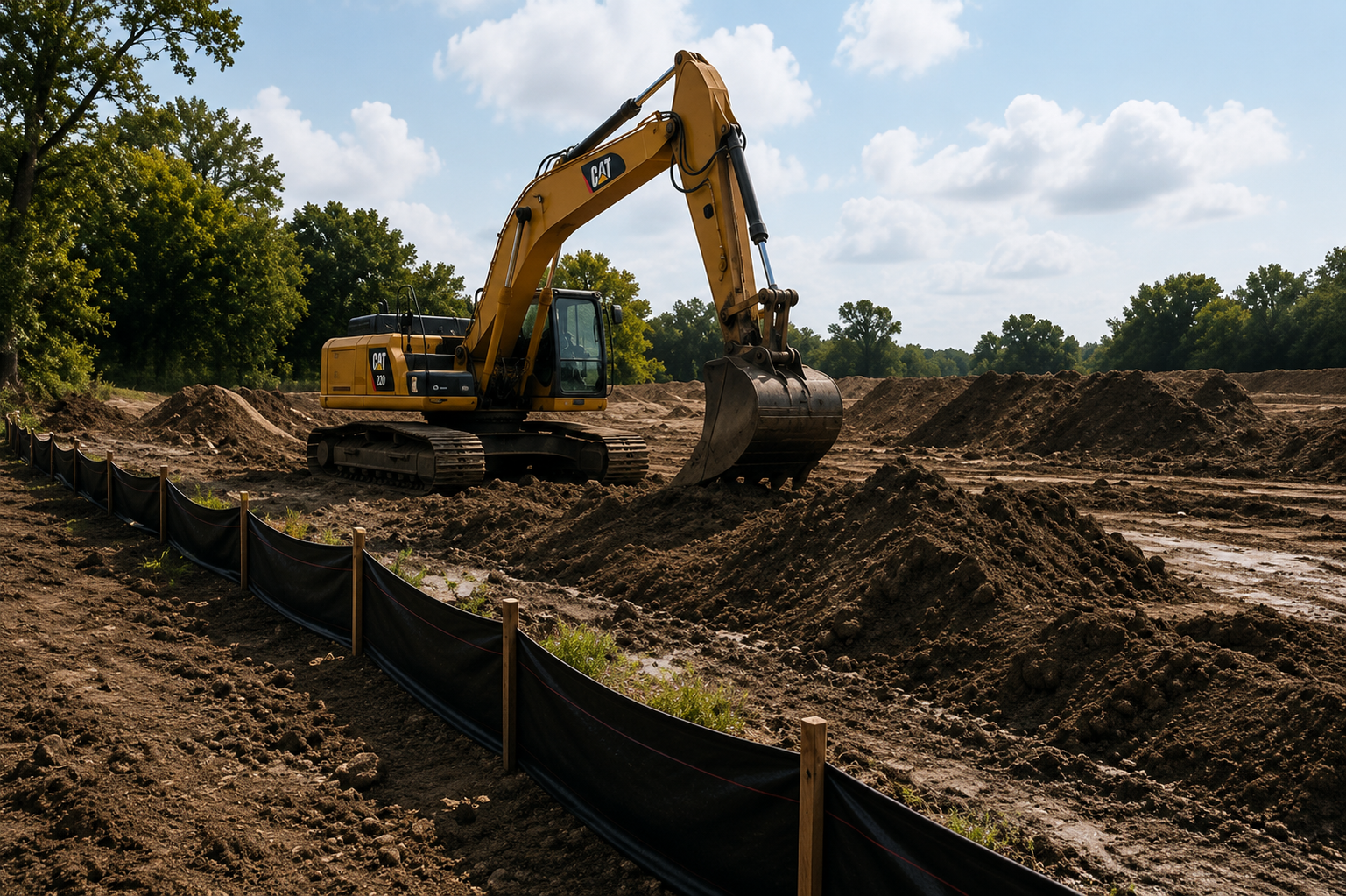 A yellow Caterpillar excavator moving dirt on a construction site with trees and a partly cloudy sky in the background.
