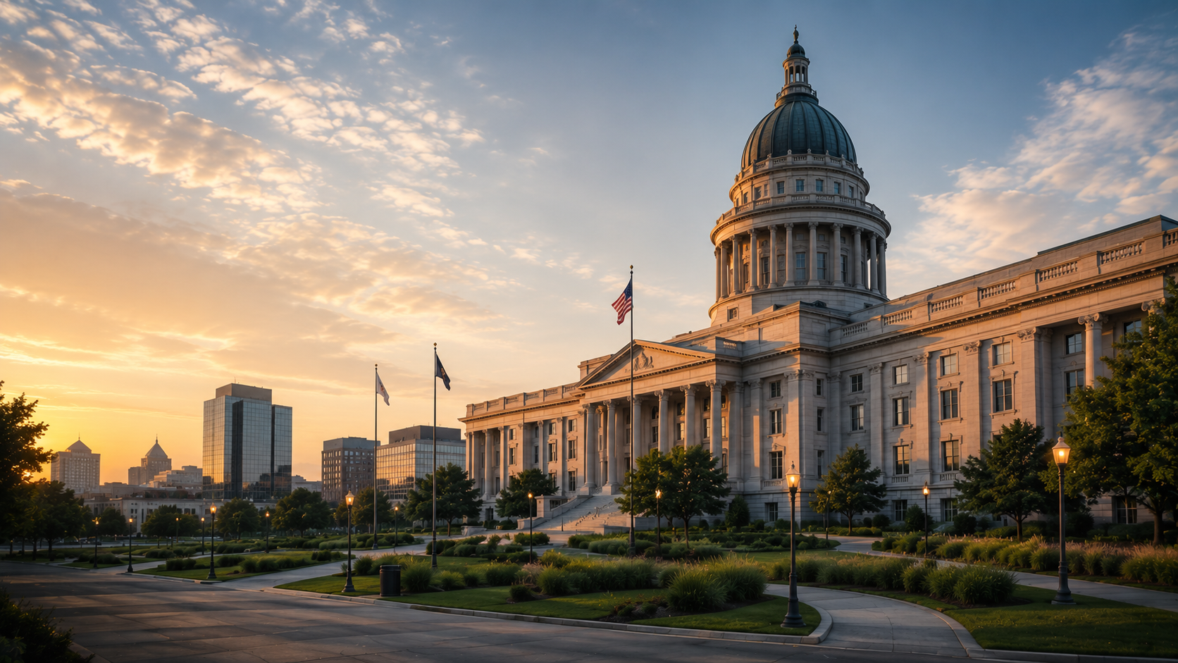 Sunset view of the North Carolina State Capitol building in Raleigh, with flags flying outside and city skyline in the background.