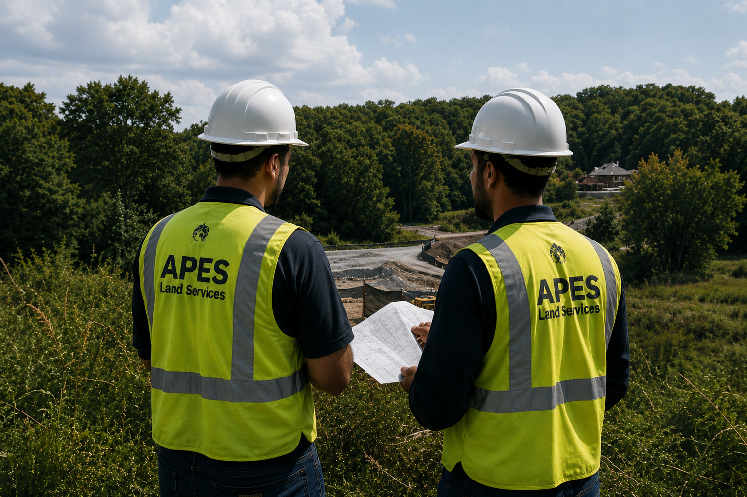 Two construction workers wearing yellow safety vests and white hard hats looking at plans on a construction site with trees and a building in the background.