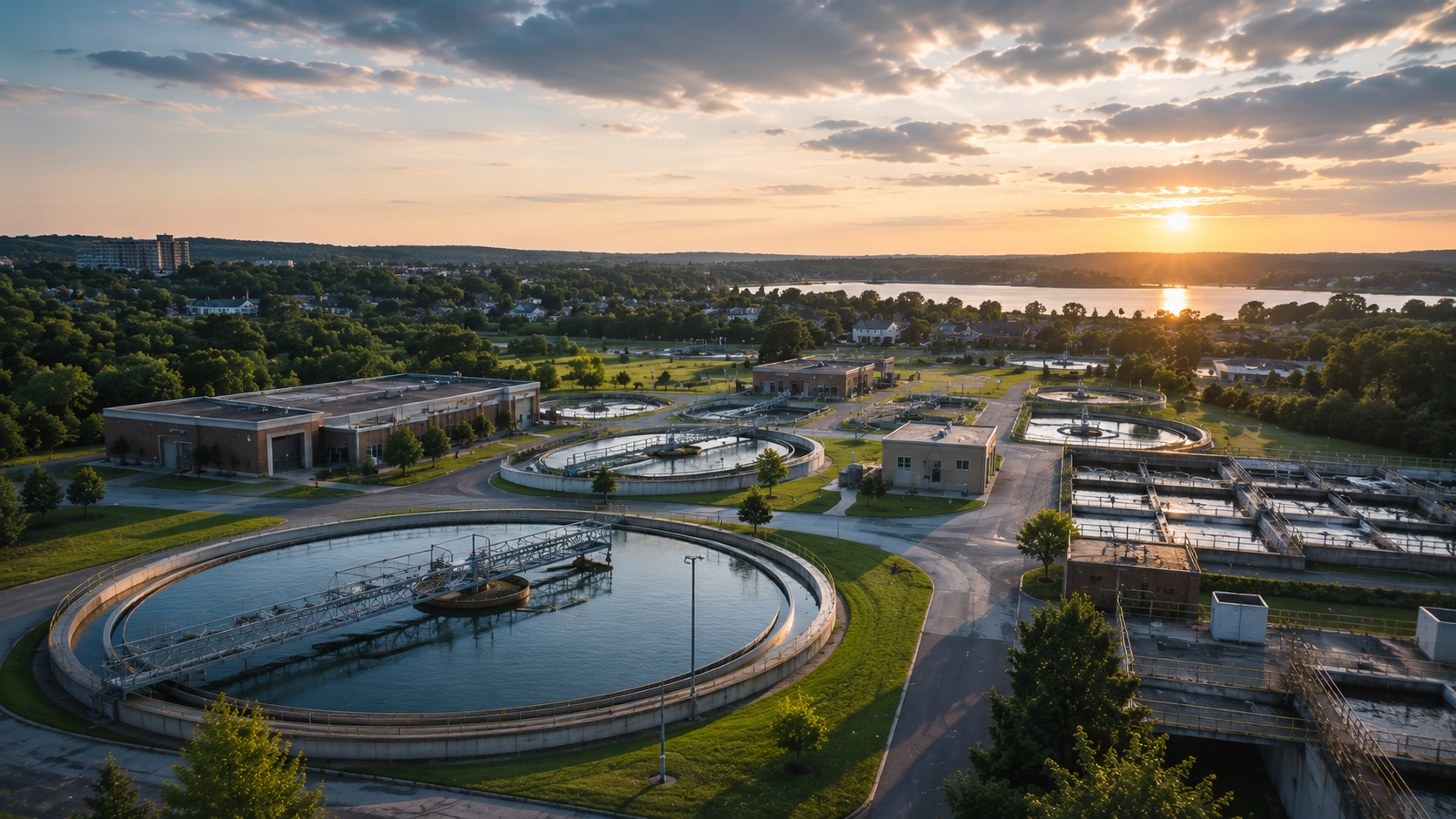 Aerial view of a wastewater treatment plant at sunset, with circular settling tanks and surrounding infrastructure, overlooking a green landscape and water body in the distance.
