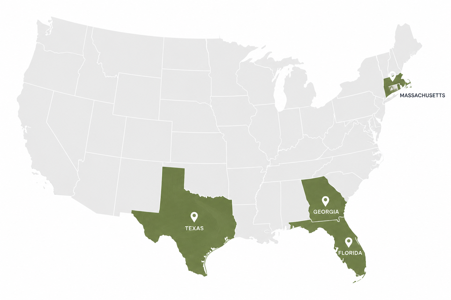 Map of the United States highlighting states of Texas, Georgia, Florida, and Massachusetts in green with their names and marker icons indicating the locations.