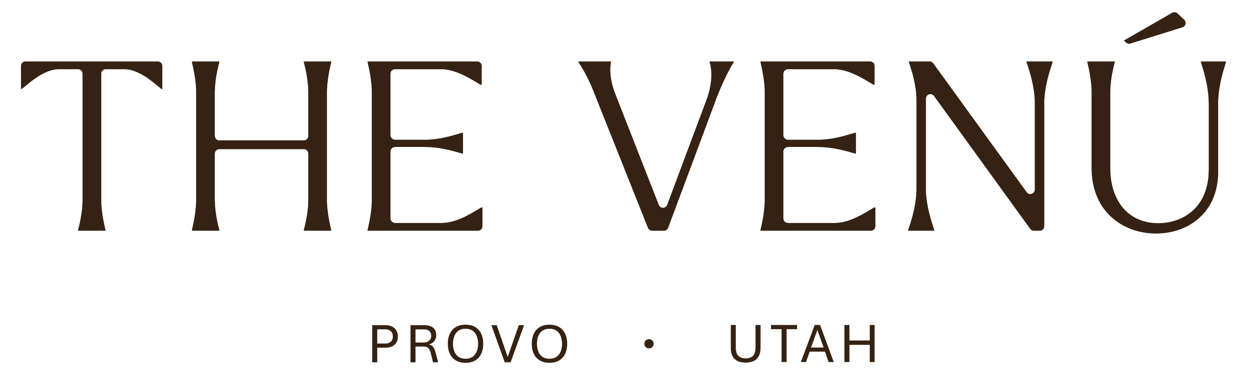 Logo for THE VÉNÚ in Provo, Utah, featuring large brown stylized text with a small detailed coffee bean graphic in brown at the top right.
