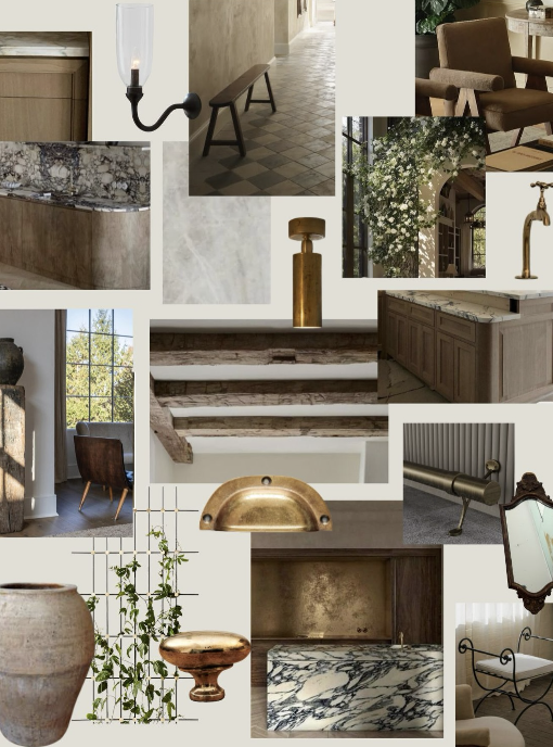 Collage of various interior design elements including a wall lamp, hallway, armchair, plants, furniture, staircase, sink, window, and decorative objects.