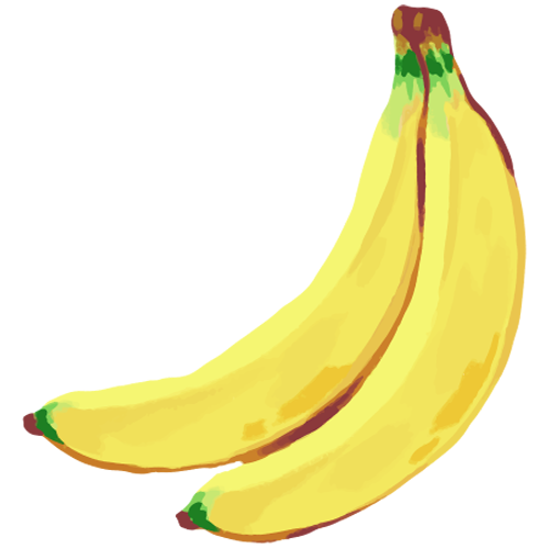 Two ripe bananas with yellow peels and brown tips