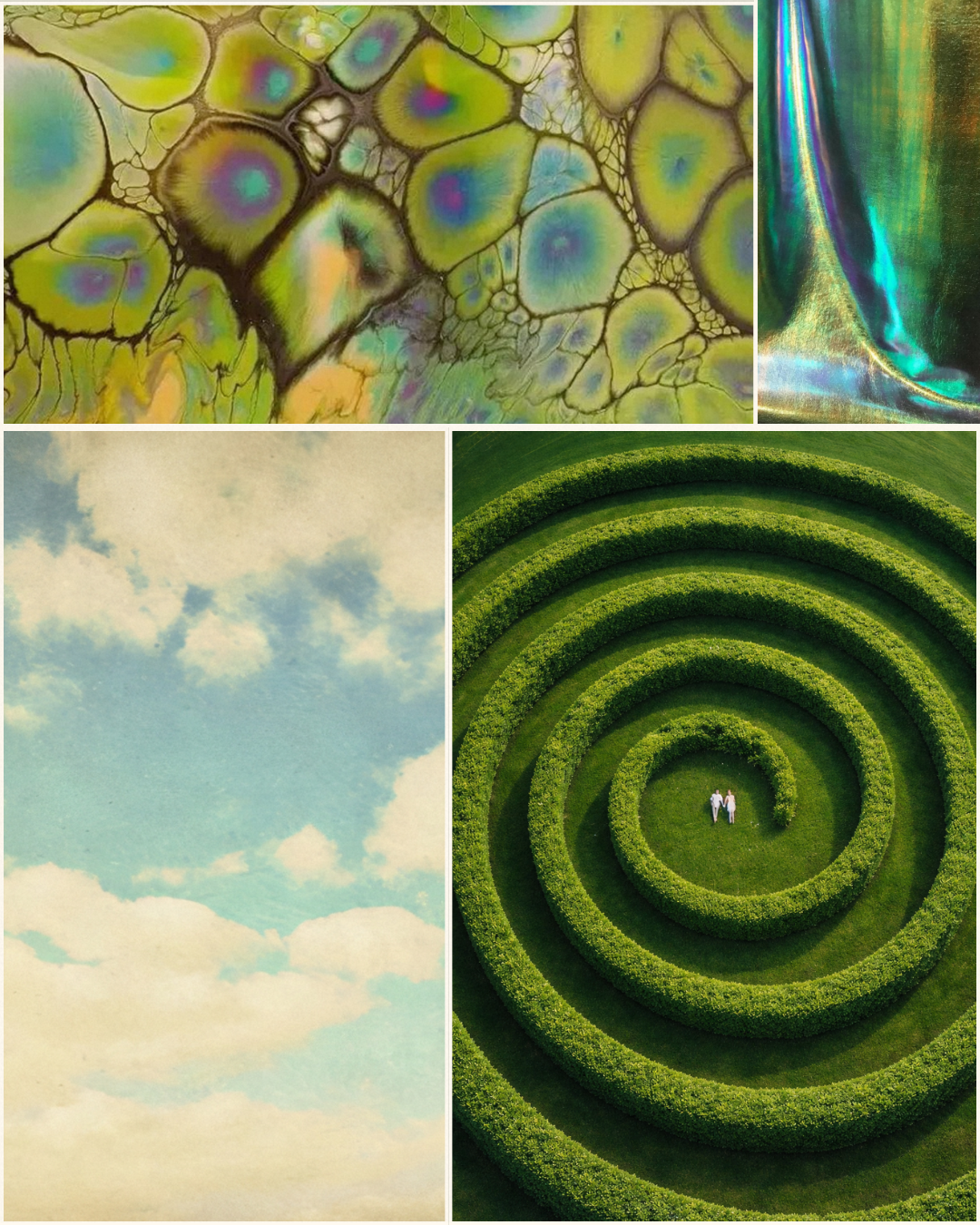 Collage of four images: top left features an abstract pattern with glowing yellow, green, and purple colors; top right shows a close-up of iridescent fabric in green and blue hues; bottom left is a soft, cloudy sky with light blue and white clouds; bottom right displays a lush, green spiral maze with two small figures at the center.