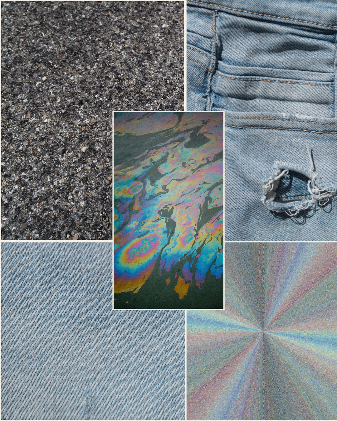 Collage of five images: close-up of rough asphalt pavement, ripped light blue denim jeans, holographic rainbow-colored abstract design, rainbow-colored radial pattern, and a close-up of light blue denim fabric.