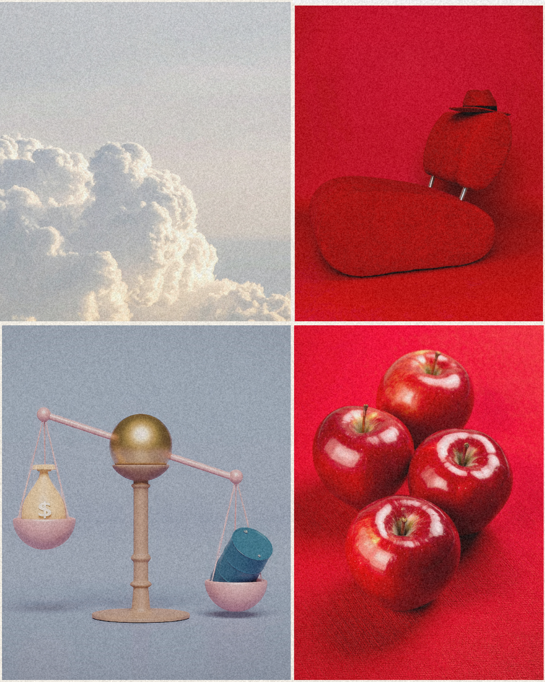 A collage of four images: the upper left shows a cloudy sky, the upper right features a red chair with a hat on its head, the lower left displays a balance scale with a dollar sign and a blue barrel, and the lower right shows four red apples on a red background.