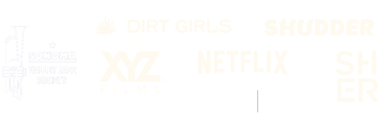 A black background with white text and graphics, including a logo of a trumpet with the words 'Sonoma Valley Jazz Society', and various film and streaming service titles such as 'XYZ Films', 'Netflix', and 'Shudder'.
