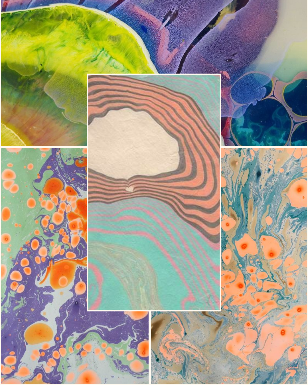 A collage of five abstract colorful patterns, featuring swirls, dots, and flowing lines in shades of green, purple, orange, teal, beige, and pink.