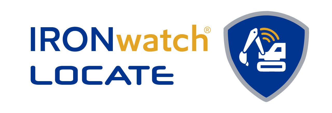 Logo for IRONwatch Locate featuring a shield with a stylized gardener using a lawn mower with wireless signal symbols.