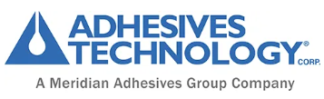 Logo of Adhesives Technology Corporation, a Meridian Adhesives Group Company, featuring a large blue drop with a flame shape inside, and the company name in blue text.