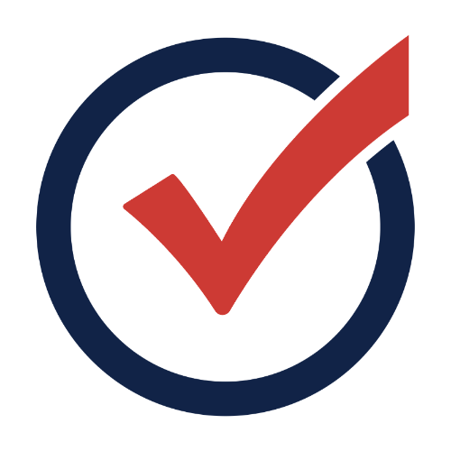 A red checkmark inside a dark blue circle, symbolizing approval or completion.