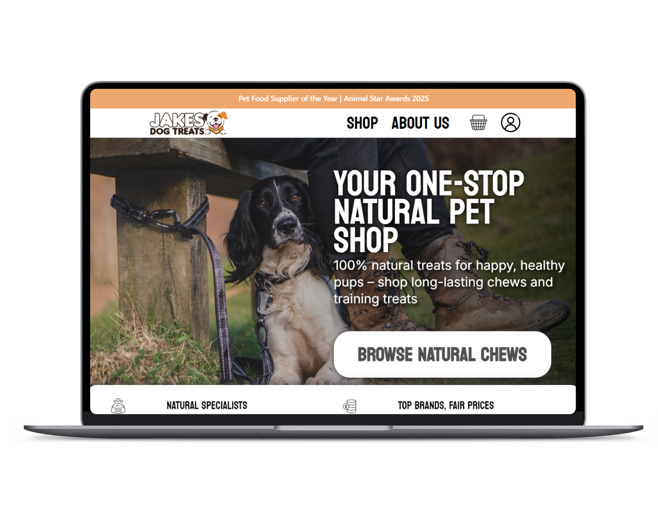 Homepage of an online pet treat shop called Jakes Dog Treats, showing a dog sitting next to a person's legs outdoors, with bold text that says 'Your one-stop natural pet shop' and a button labeled 'Browse Natural Chews'.