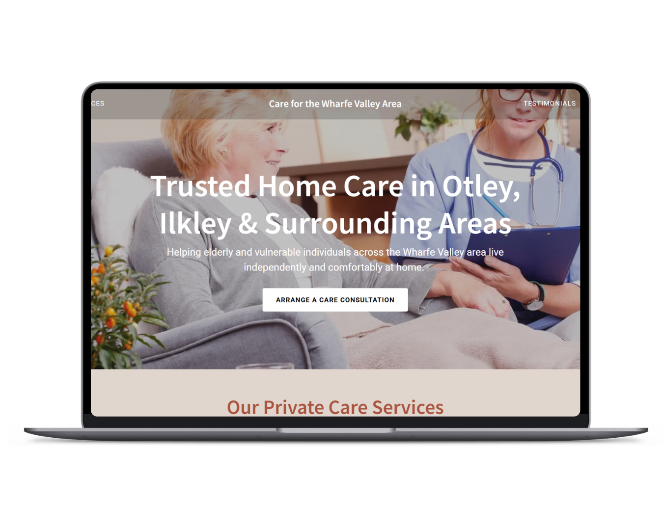 Homepage of a home care service website with a smiling elderly woman sitting on a couch and a nurse or caregiver holding a tablet, promoting trusted home care in Otley and surrounding areas.