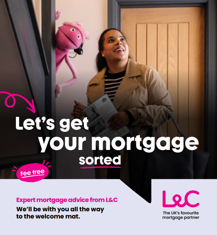 A woman standing at a door with a large stuffed pink puppet or character peeking around the corner. She is holding a brochure, and the image is part of an advertisement for mortgage advice from L&C.