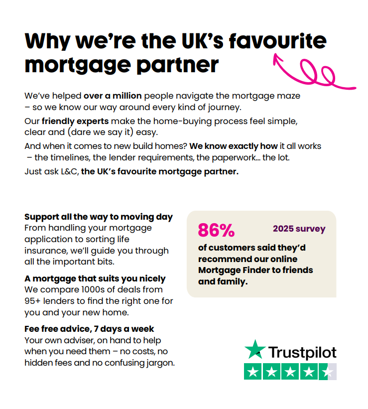 A text-based advertisement for a mortgage partner, highlighting customer support and satisfaction, with a 86% recommendation rate from a 2025 survey, and Trustpilot five-star rating logo.