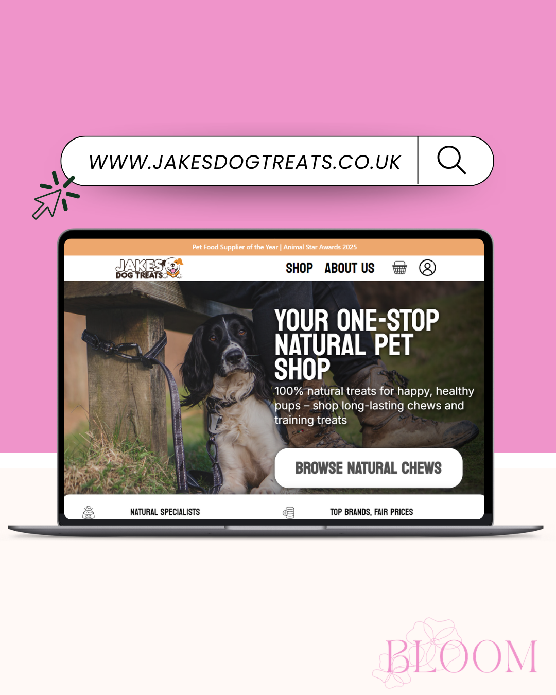Advertisement for Jake's Dog Treats featuring a black dog with its mouth open and tongue out, surrounded by grass, promoting nutritious dog food for various diets.