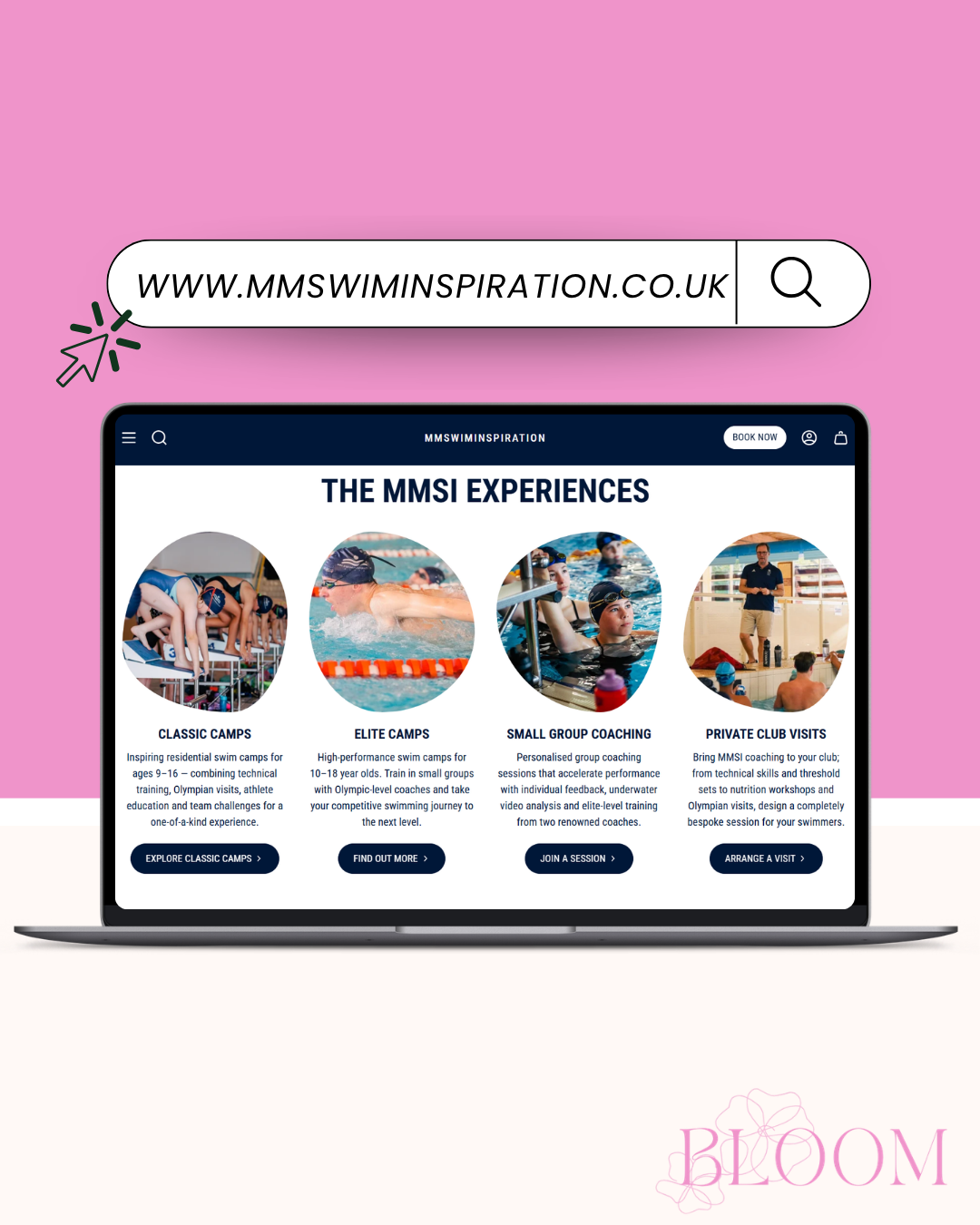 Website header for MMSWIMINSPIRATION promoting a swim camp at Bishop's Stortford College from October 24th to 28th, 2026. The navigation menu includes Home, Classic Camps, Elite Camps, Small Group Coaching, Private Club Visits, Book Now, Contact, and a search icon. Four main camp options are shown with images and descriptions: Classic Camps for ages 9-16, Elite Camps for ages 10-18, Small Group Coaching for ages 9-18, and Private Club Visits for ages 9-18, each with a 'Book Now' or 'Contact Us' button.