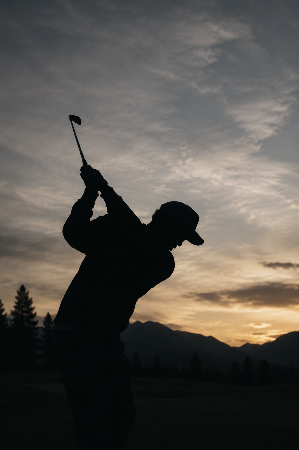 Golfer silhouetted against an evening sky.