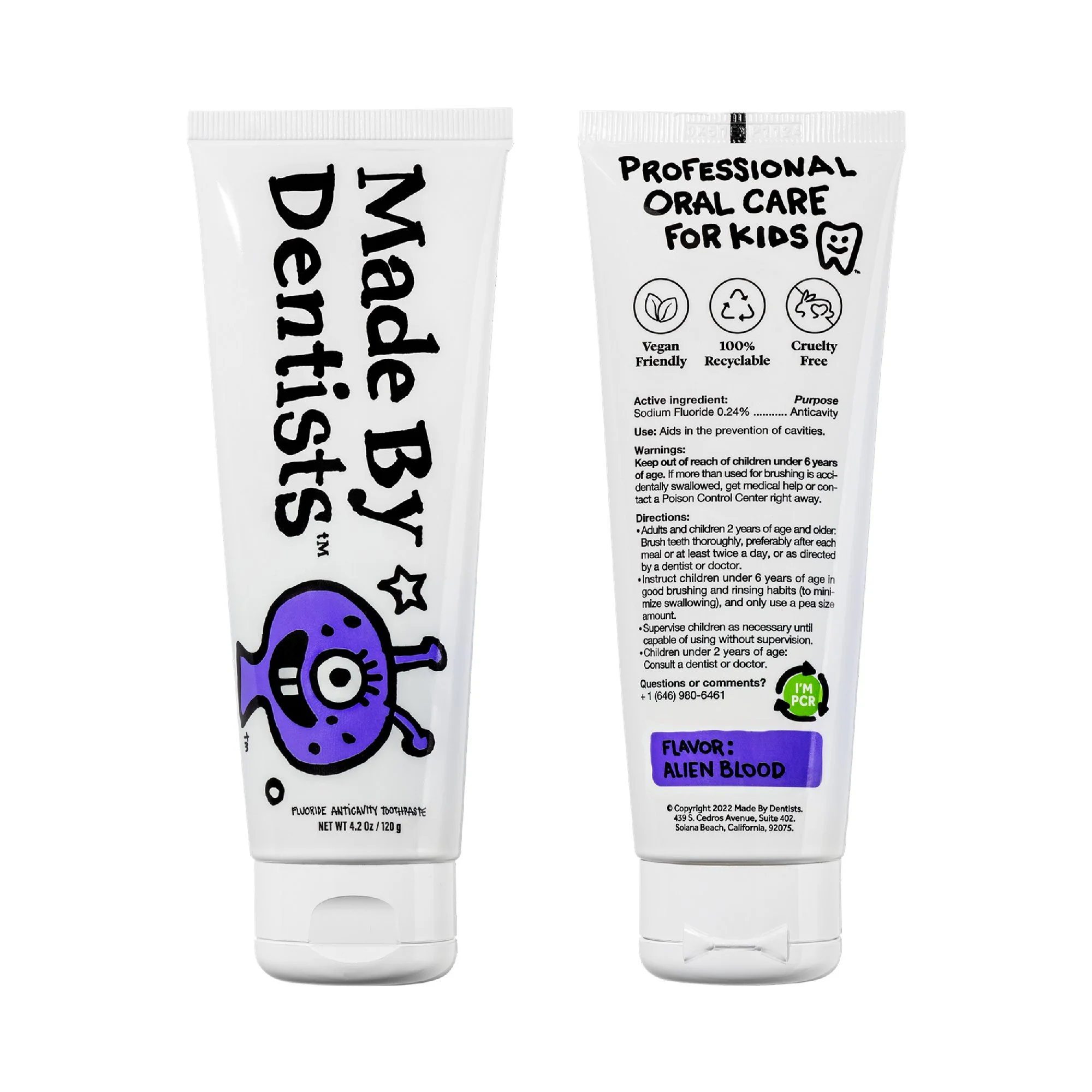 Two tubes of toothpaste, one labeled fluoride anti-cavity with a purple skull and crossbones cartoon, the other labeled professional oral care for kids with various icons and flavor indication of alien blood.