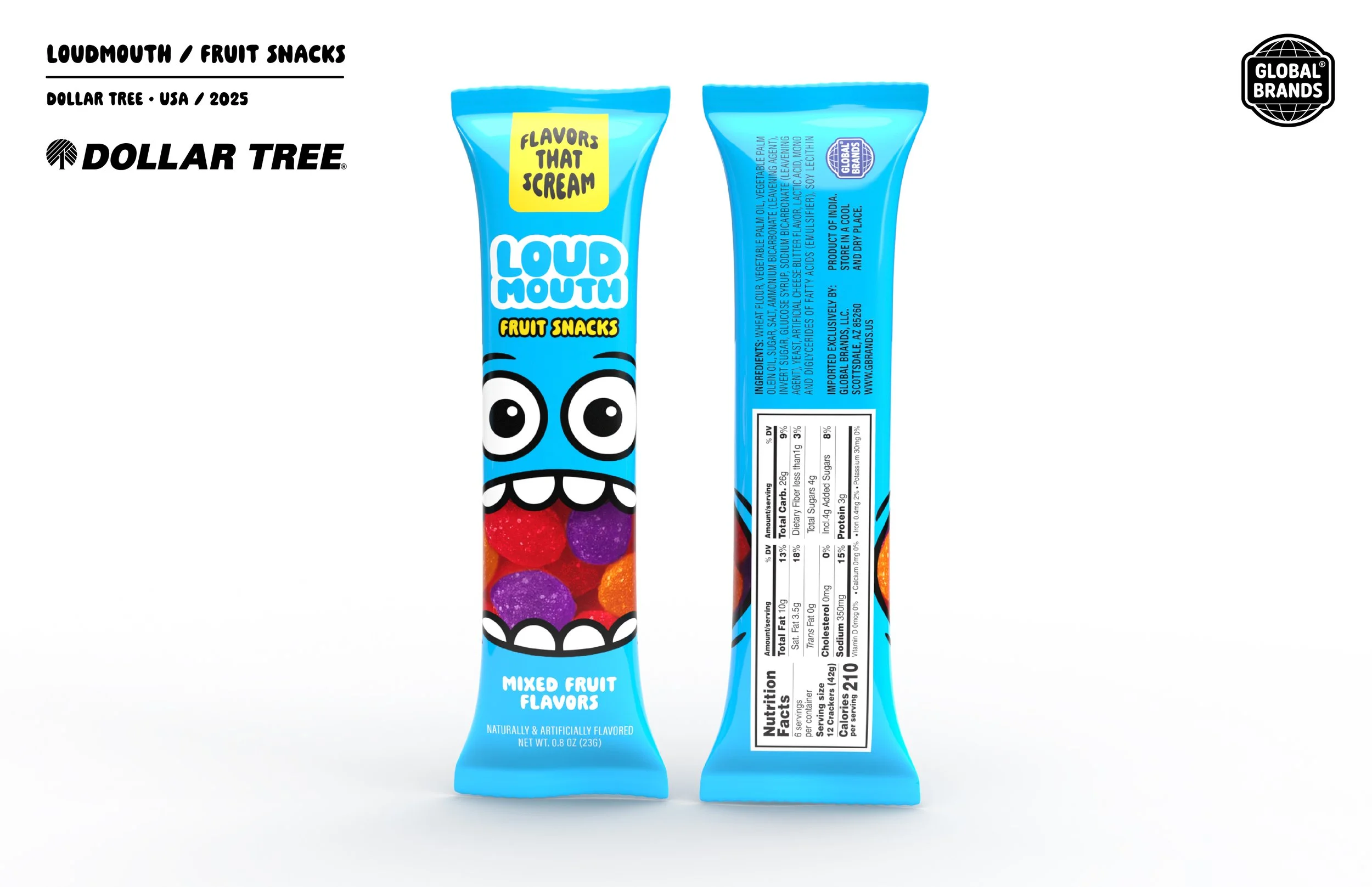 Blue packaging for Loudmouth fruit snacks featuring a cartoon face with large eyes, displaying colorful mixed fruit flavors such as red, orange, and purple.